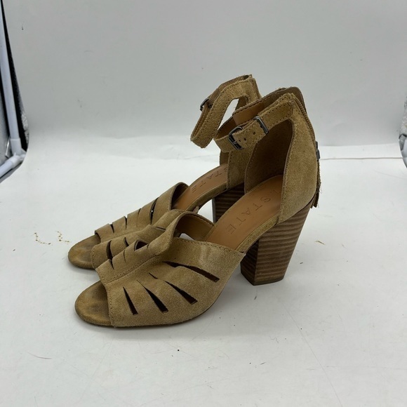 1. State Women’s Nallay Tan Genuine Suede Block Heel Ankle Strap Sandal Heels - Picture 3 of 14